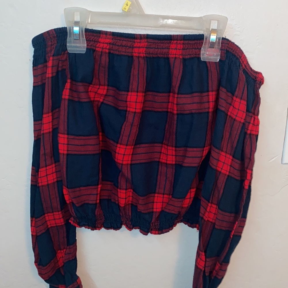 Garage plaid off the shoulder long sleeve cropped top